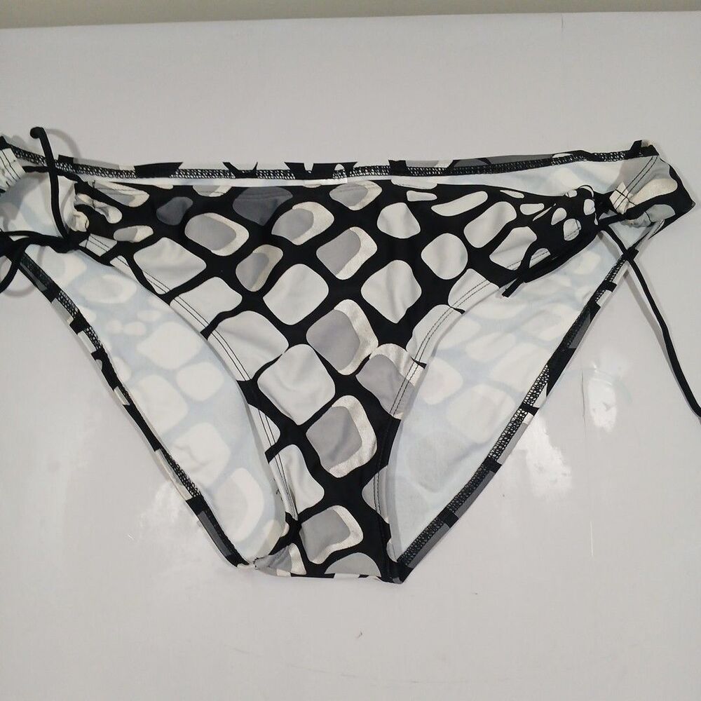 Syke Low Rise Side Tie Bikini Swimsuit Bottom Women size XL Black Silver Print